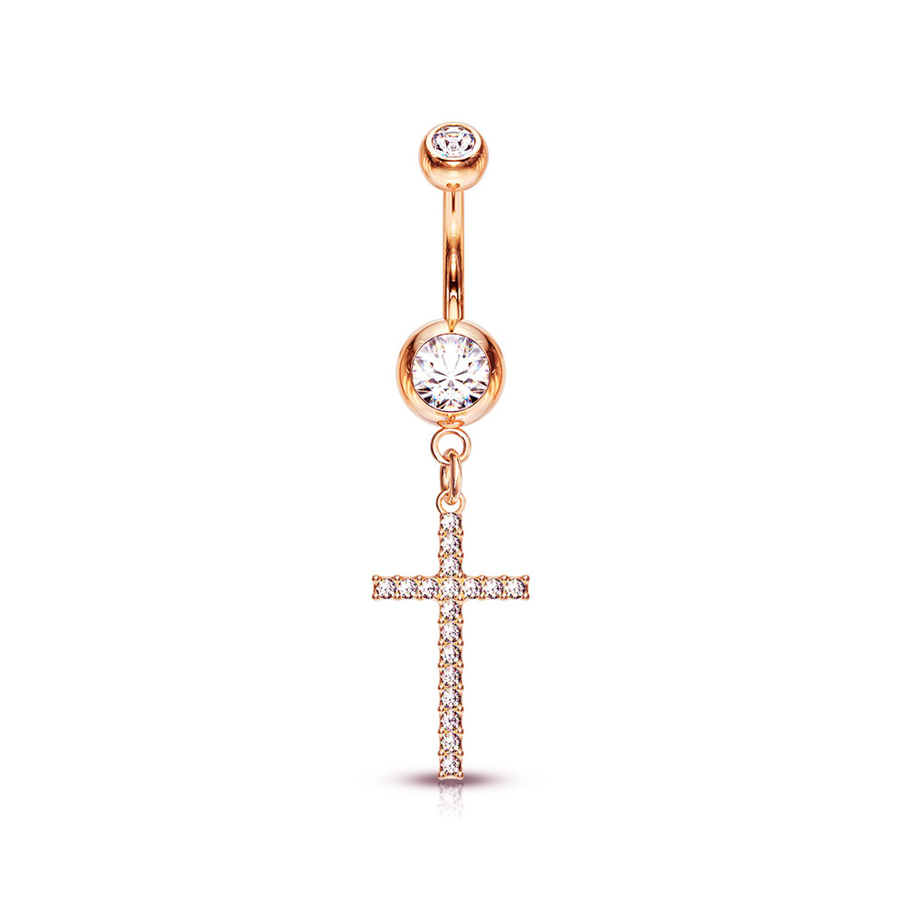 Image of (10mm) 316L Chirurgenstahl Bauchnabelpiercing Gewindeverschluss Kreuz mit Strass - Roségold bei Apfelkiste.ch