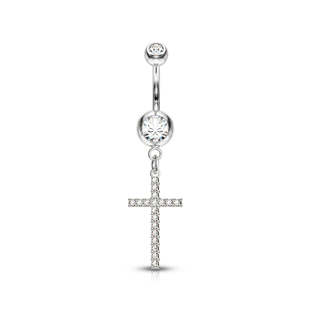 Image of (10mm) 316L Chirurgenstahl Bauchnabelpiercing Gewindeverschluss Kreuz mit Strass - Silber bei Apfelkiste.ch