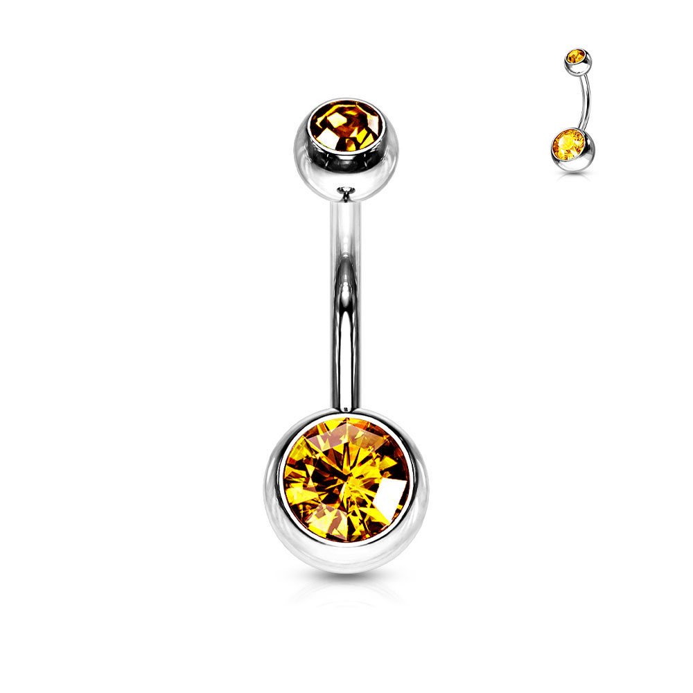 Image of (10mm) Barbell 316L Chirurgenstahl Bauchnabelpiercing mit Gewindeverschluss Strass Kugeln - Silber / Gelb bei Apfelkiste.ch