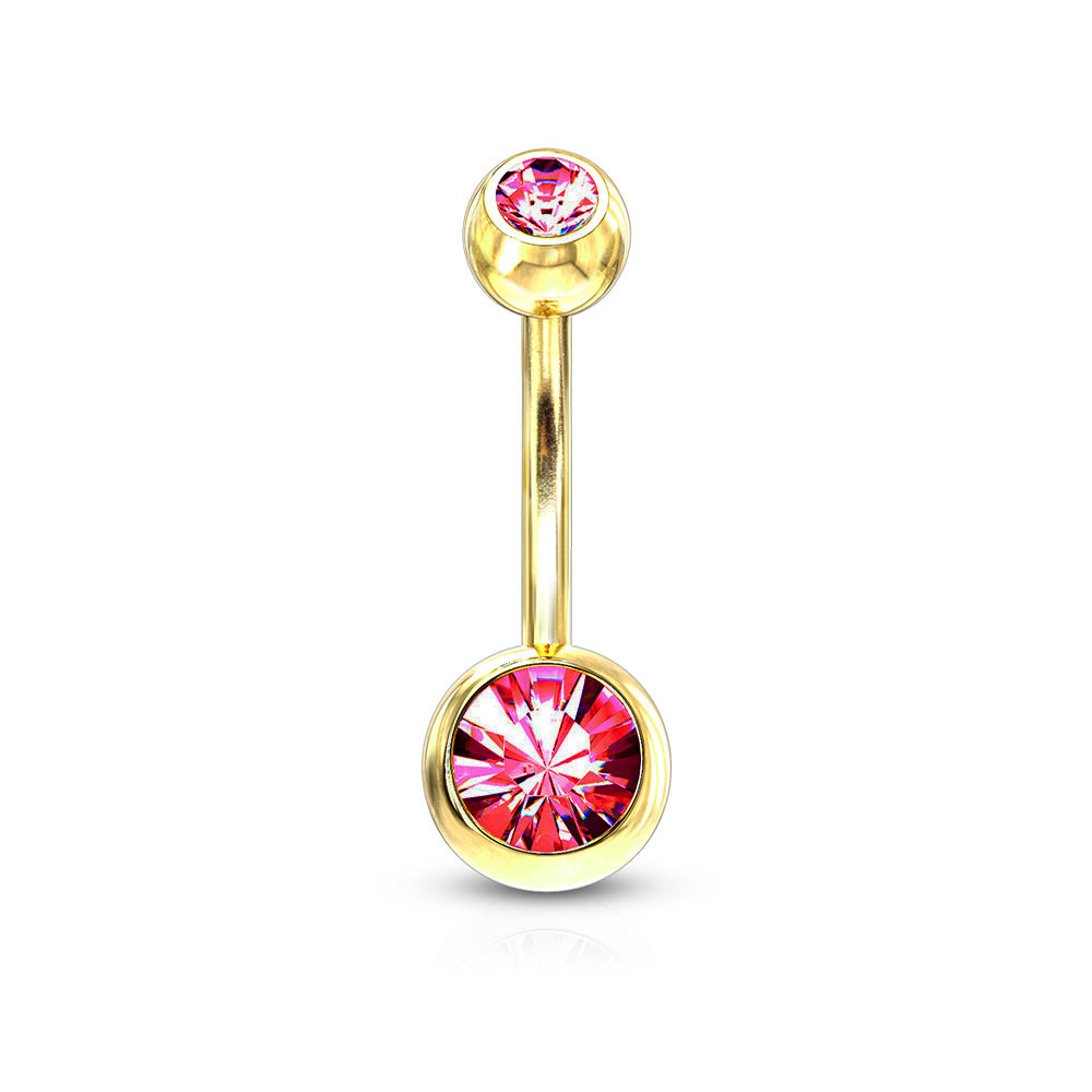 Image of (10mm) Barbell 316L Chirurgenstahl Bauchnabelpiercing mit Gewindeverschluss Grosse Strass Kugeln - Gold / Pink bei Apfelkiste.ch