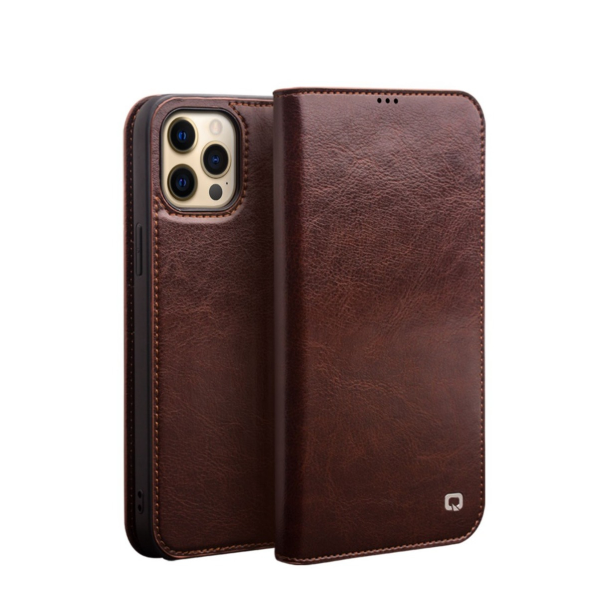 Image of Qialino - iPhone 13 Pro Echtleder Tasche Flip Cover mit Kartenfächer - Braun bei Apfelkiste.ch