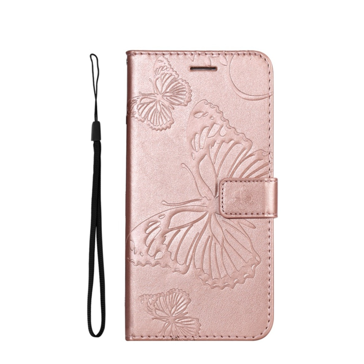 Image of Samsung Galaxy A13 Leder Tasche mit Kartenfach + Handschlaufe Schmetterling - Roségold bei Apfelkiste.ch