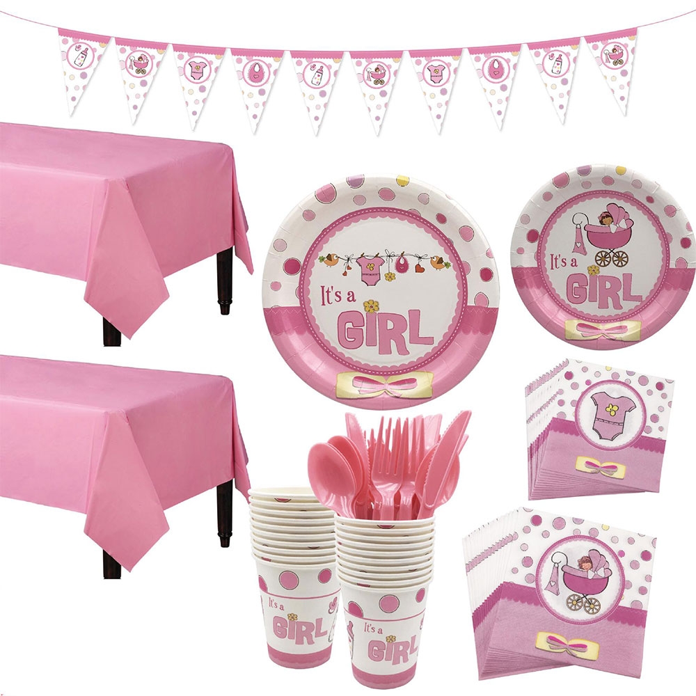 Image of (127-tlg. Set) Einweg Geschirr Baby Shower / Geburt Party Tisch Deko + Girlande - It's a Girl bei Apfelkiste.ch