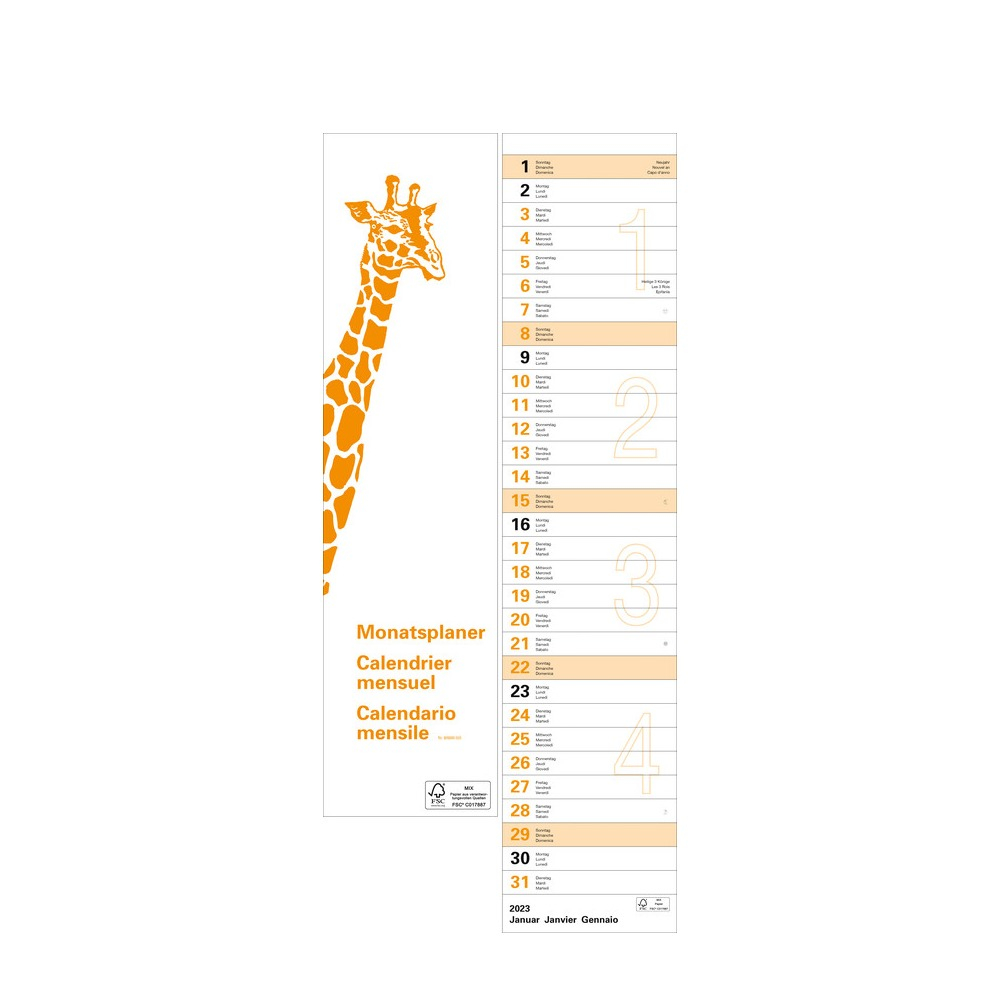 Image of (12x55cm) Giraffenkalender 2023 Wandplaner mit Datumschieber (MP2023) - Weiss / Orange bei Apfelkiste.ch