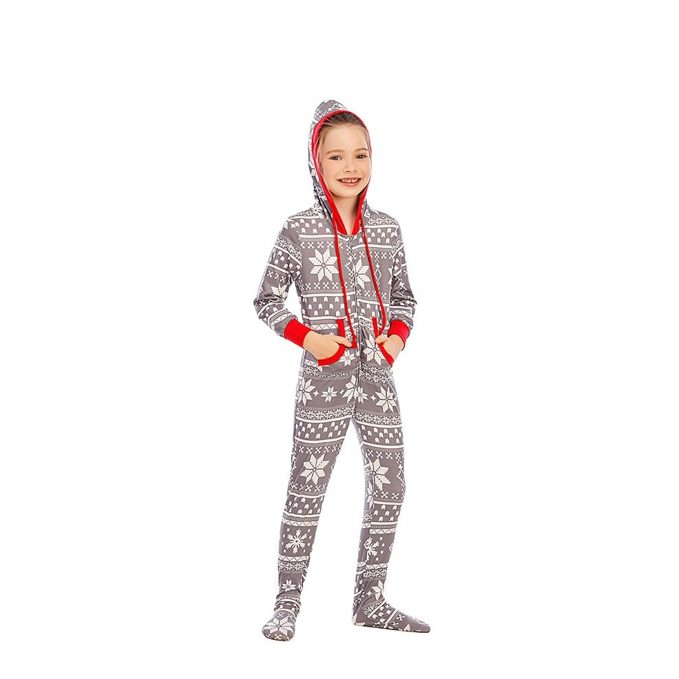 Image of (13-14 Jahre) Kinder Christmas Pyjama Overall Winter Jumpsuit mit Kapuze - Grau / Weiss / Rot bei Apfelkiste.ch