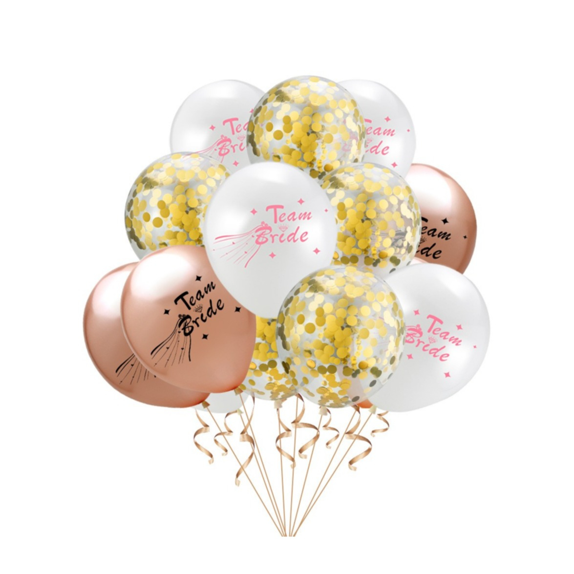 Image of (15er Set) Ø30cm Junggesellinnenabschied Party Ballons Team Bride Luftballons mit Konfetti - Gold / Weiss / Roségold bei Apfelkiste.ch