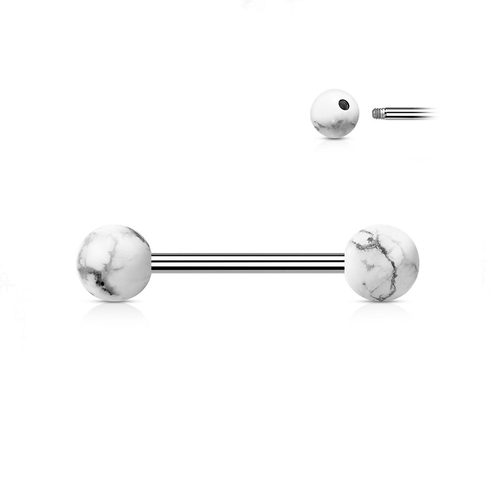 Image of (16mm) Barbell 316L Chirurgischenstahl Zungenpiercing mit Gewindeverschluss Natursteine - Weisser Howlith bei Apfelkiste.ch