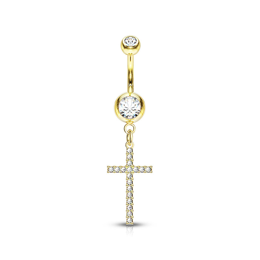 Image of (10mm) 316L Chirurgenstahl Bauchnabelpiercing Gewindeverschluss Kreuz mit Strass - Gold bei Apfelkiste.ch