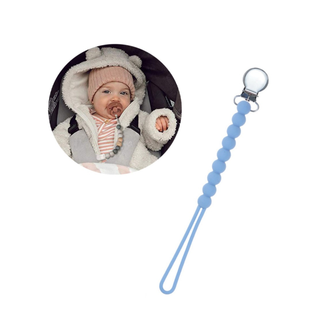 Image of (20cm) Silikon Baby Nuggiband Perlen Schnullerkette mit Metall Clip - Blau bei Apfelkiste.ch