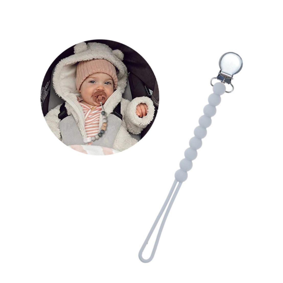 Image of (20cm) Silikon Baby Nuggiband Perlen Schnullerkette mit Metall Clip - Grau bei Apfelkiste.ch