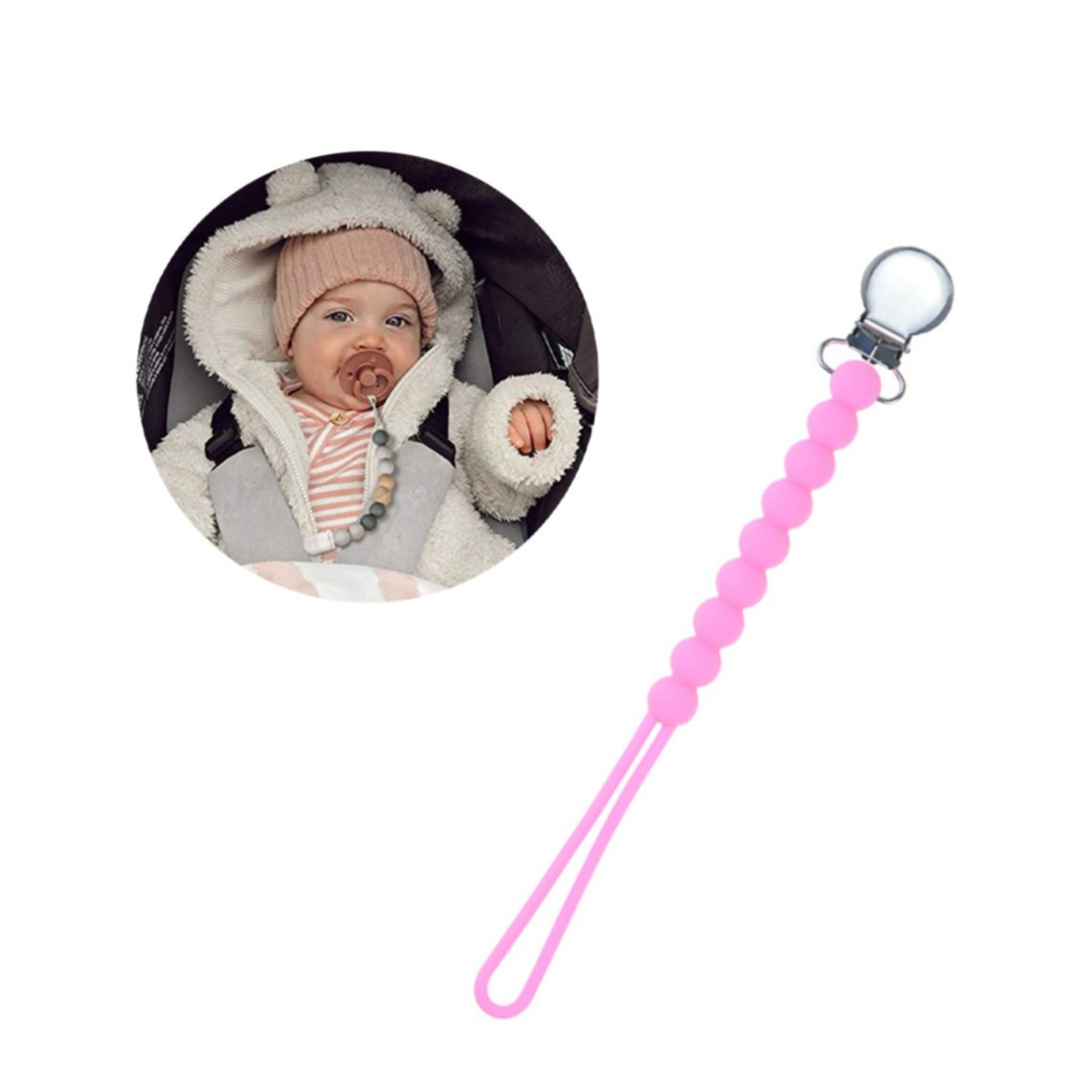 Image of (20cm) Silikon Baby Nuggiband Perlen Schnullerkette mit Metall Clip - Pink bei Apfelkiste.ch