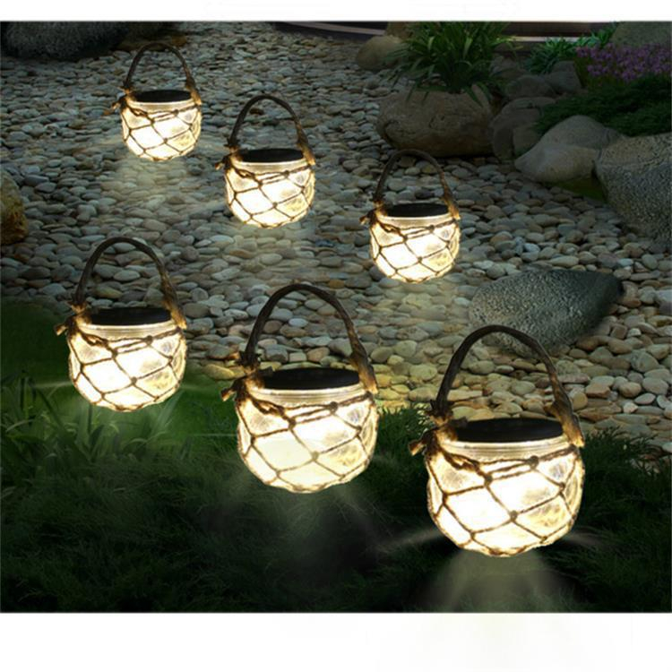 Gartenleuchte Solar Kordeln Sisal LED Set) (2er Outdoor Glas Laterne Lampe 8x9cm mit