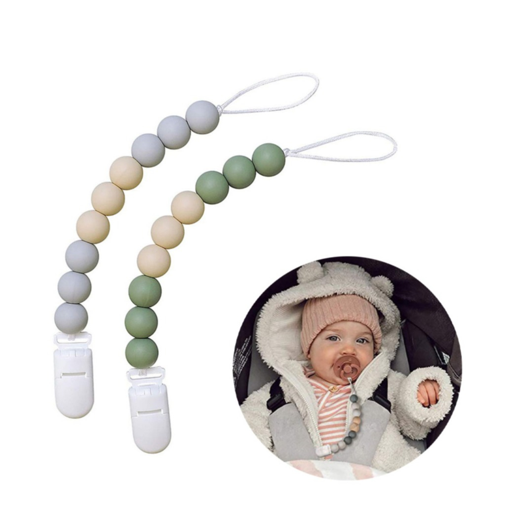 Image of (2er Set) 23cm Baby Nuggiband Perlen Schnullerkette mit Clip - Grün / Gelb / Grau bei Apfelkiste.ch