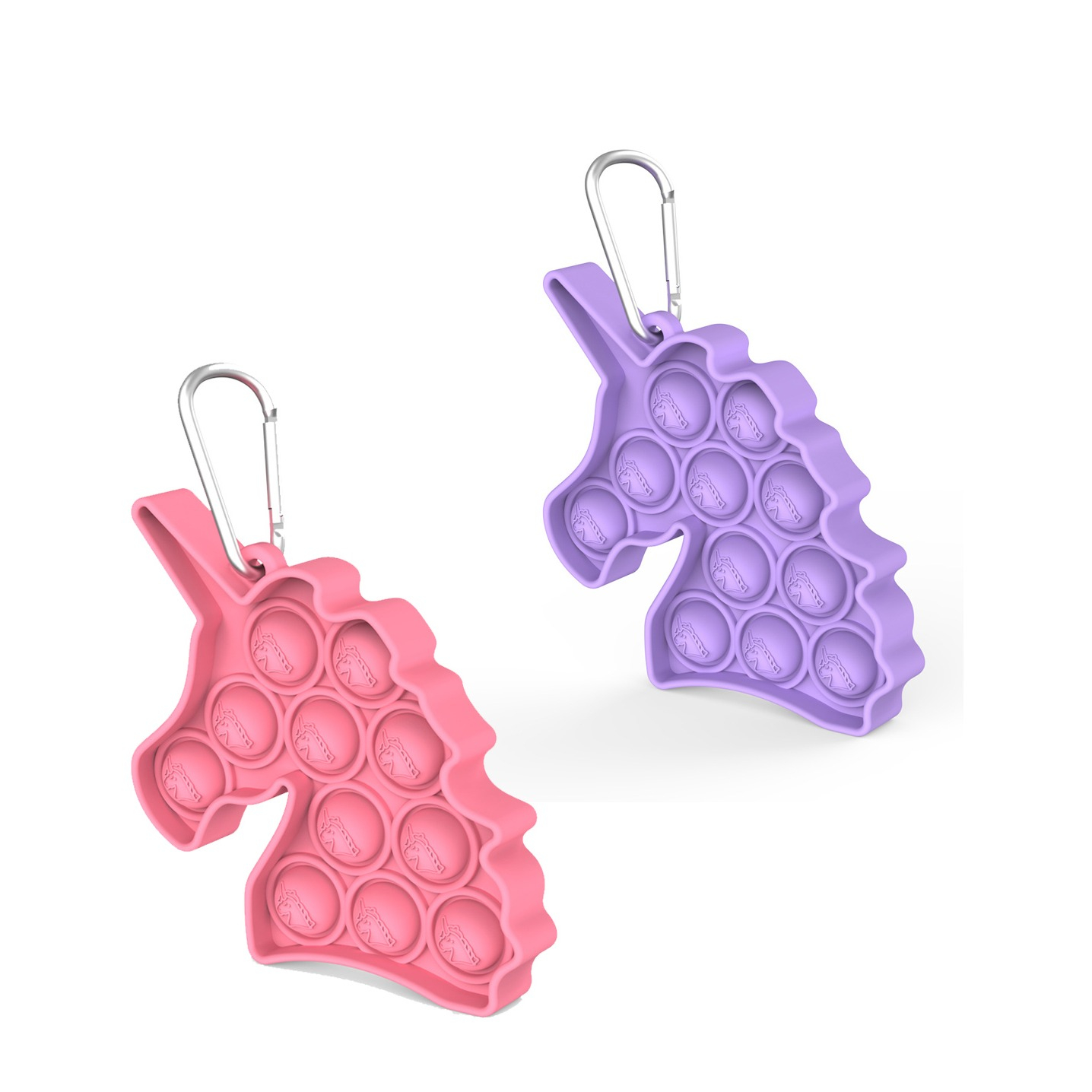 Image of (2er Set) 95x130mm Anti Stress Silikon Bubbles Pop It Fidget Spiel mit Karabinerhaken Einhorn - Rosa / Violett bei Apfelkiste.ch