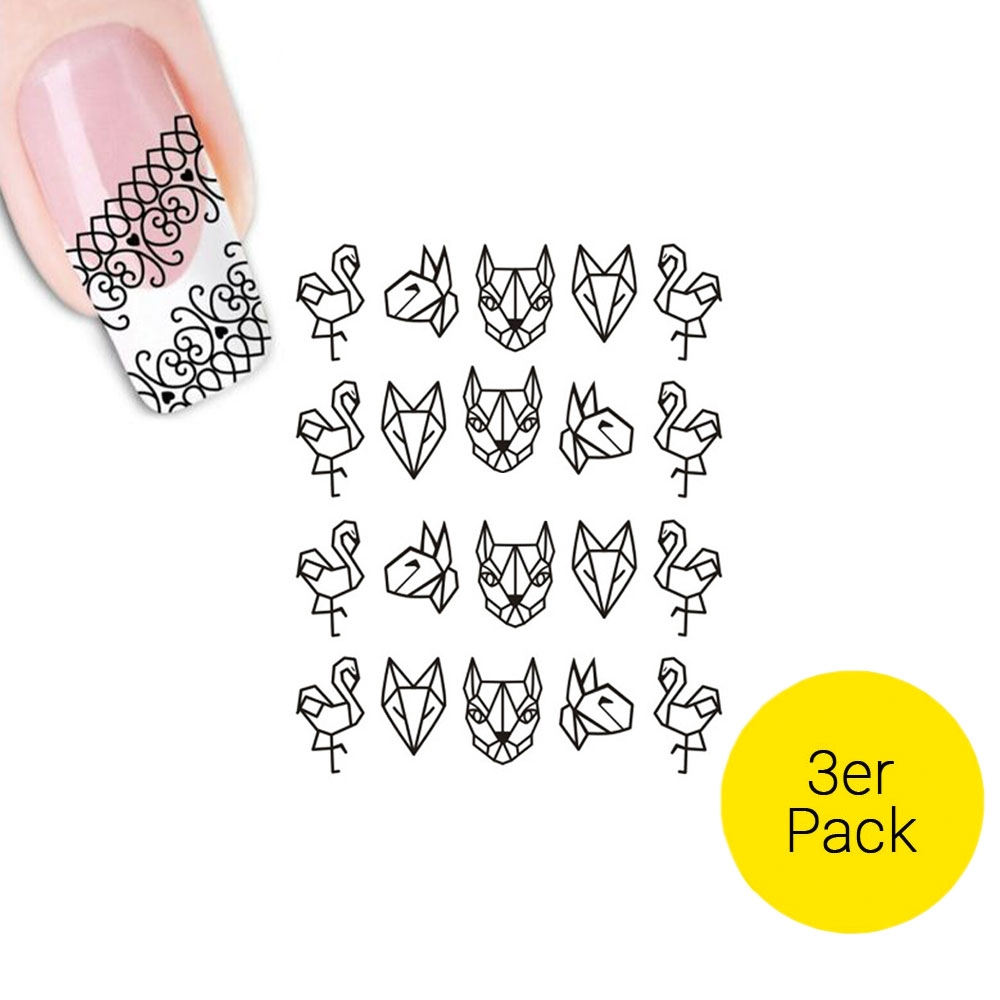 Image of (3er Set) Nail Art Nagelsticker Tattoo Aufkleber Nail Stamping Maniküre - Geometrische Tiere bei Apfelkiste.ch