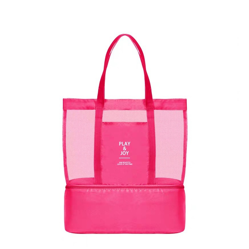 Image of (42x37x13cm) Mesh Strandtasche Nylon Tragetasche mit integriertem Thermo Kühlfach - Pink bei Apfelkiste.ch