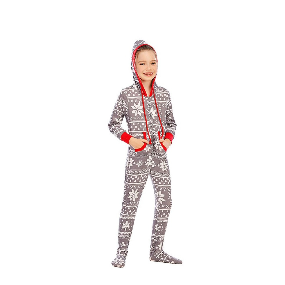 Image of (5-6 Jahre) Kinder Christmas Pyjama Overall Winter Jumpsuit mit Kapuze - Grau / Weiss / Rot bei Apfelkiste.ch