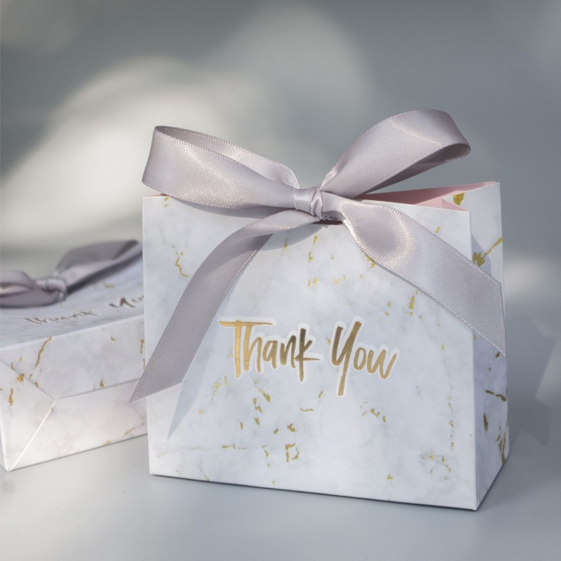 Image of (50er Set) 10x11.5cm Mini Geschenk Schachtel Faltbare Marmor Gift Box + Schleifen - Thank You bei Apfelkiste.ch