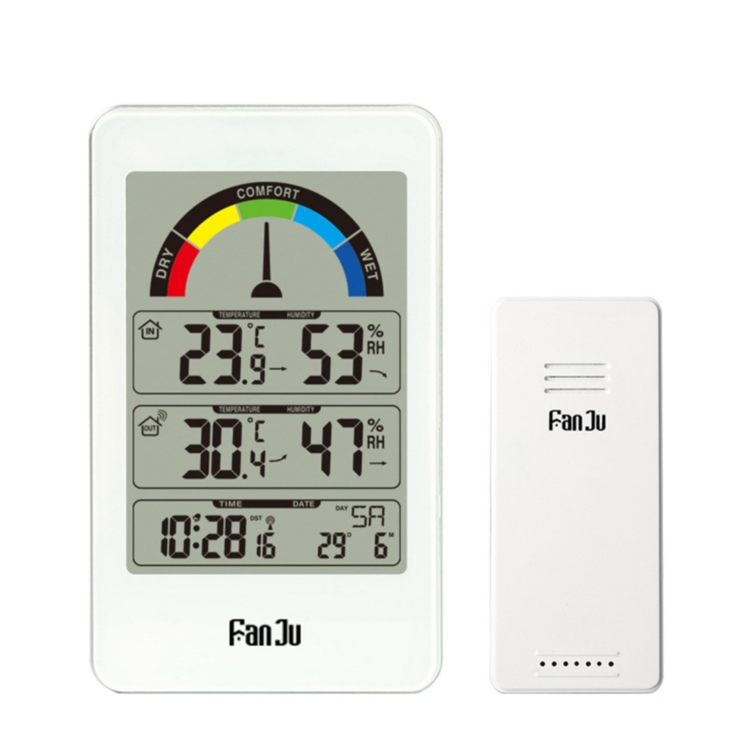 Image of (2-tlg. Set) Wireless Wetterstation Digital Thermometer / Hygrometer / Wecker + Aussensensor (Batteriebetrieben) - Weiss bei Apfelkiste.ch