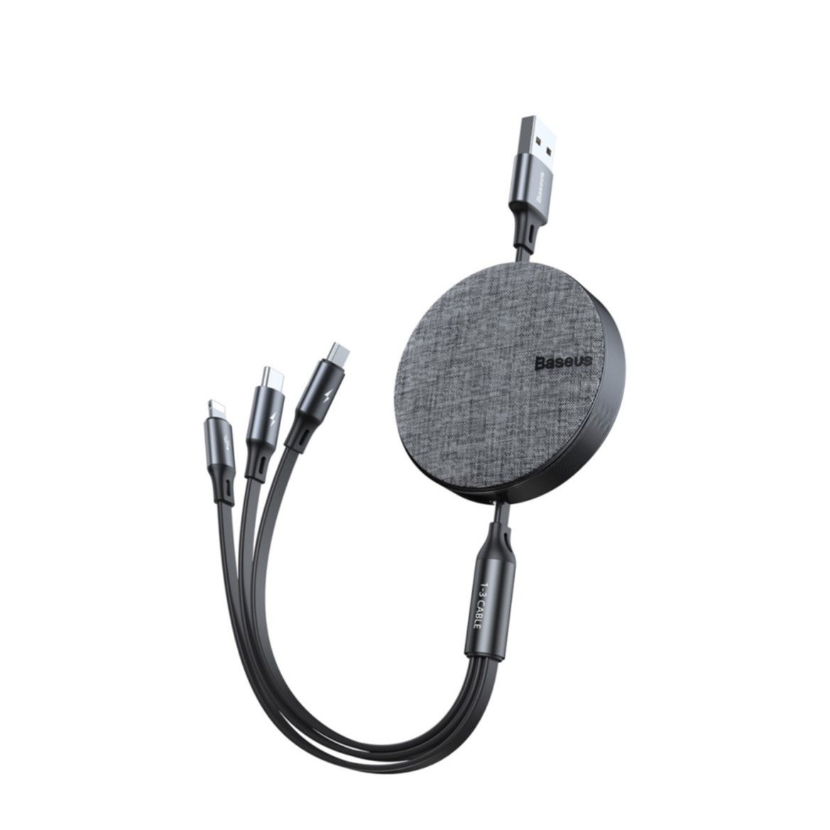 Image of Baseus - (1.2m) 3in1 Ausziehbares USB Ladekabel 3.5A - Apple Lightning / Micro USB / USB C - Grau bei Apfelkiste.ch