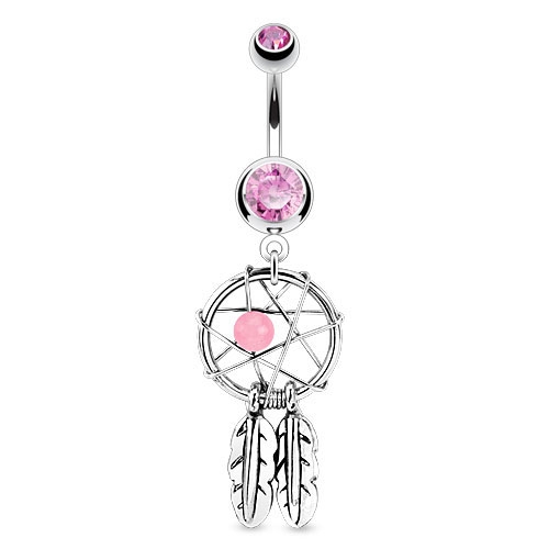 Image of Chirurgenstahl Bauchnabelpiercing mit Anhänger Dreamcatcher - Silber / Rosa bei Apfelkiste.ch