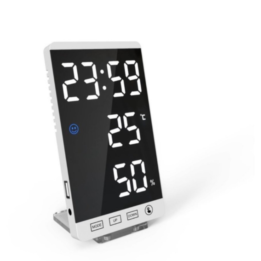 Image of (15x9cm) Digitaler LED Wecker Dimmbar mit Spiegel / Thermometer / Hygrometer / USB A Ladeanschluss + Magnetischer Standfuss - Weiss bei Apfelkiste.ch