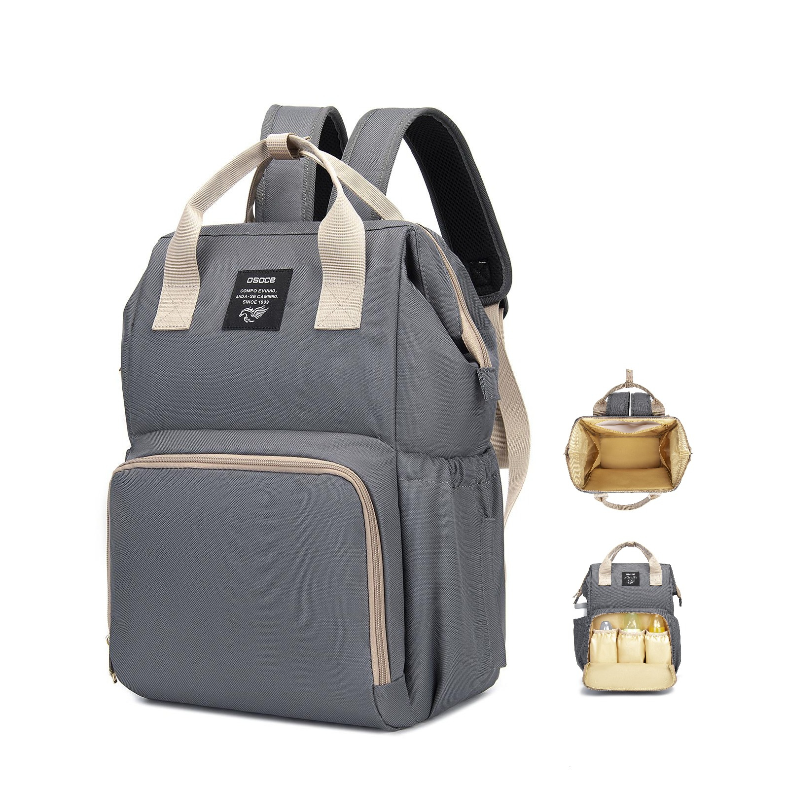 Image of (47cm) Baby Reise Rucksack Wickeltasche Aufbewahrungsfächer für Windeln / Milchflasche / Kleidung / Spielzeug - Dunkelgrau / Beige bei Apfelkiste.ch