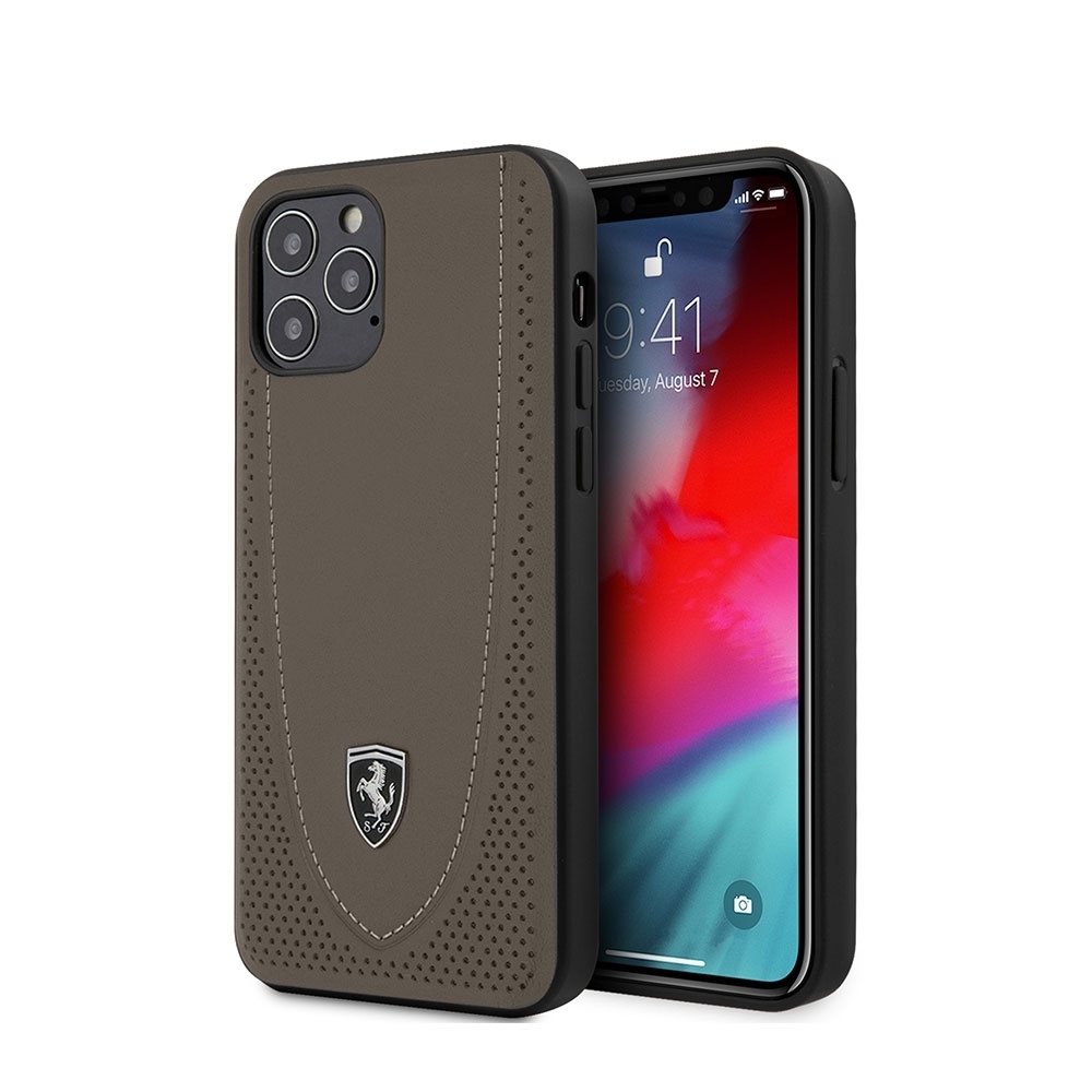 Image of Ferrari - iPhone 12 / iPhone 12 Pro Echtleder Hardcase Hülle Shield Off Track Stitch Line (FEOGOHCP12MBR) - Braun bei Apfelkiste.ch