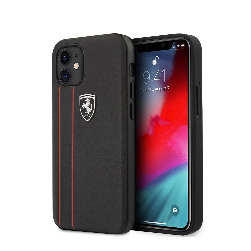 Image of Ferrari - iPhone 12 Mini Echtleder Hardcase Hülle Shield Off Track Stripes (FEODIHCP12SBK) - Schwarz bei Apfelkiste.ch