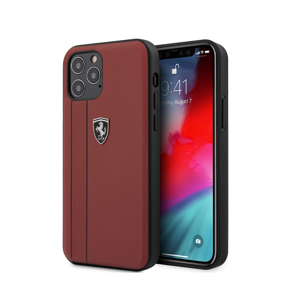 Image of Ferrari - iPhone 12 / iPhone 12 Pro Echtleder Hardcase Hülle Shield Off Track Stripes (FEODIHCP12MRE) - Rot bei Apfelkiste.ch