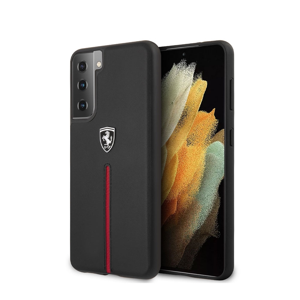 Image of Ferrari - Samsung Galaxy S21+ Plus 5G Echtleder Hardcase Hülle Shield Off Track Nylon Stripe (FEOSIHCS21MBK) - Schwarz bei Apfelkiste.ch