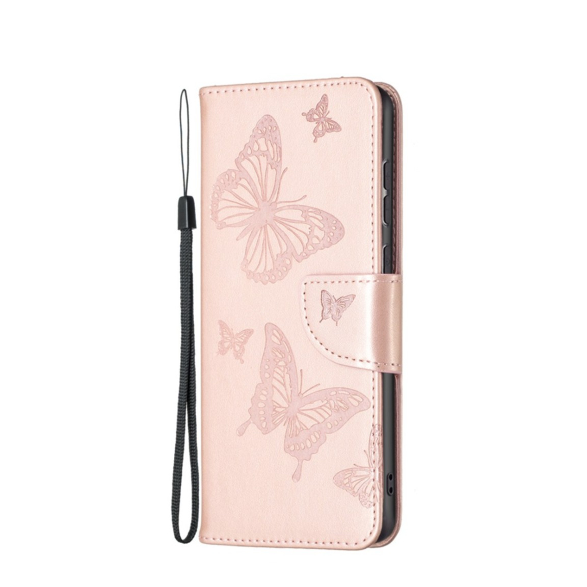 Image of Samsung Galaxy A33 5G Leder Tasche mit Kartenfach + Handschlaufe Schmetterling - Roségold bei Apfelkiste.ch