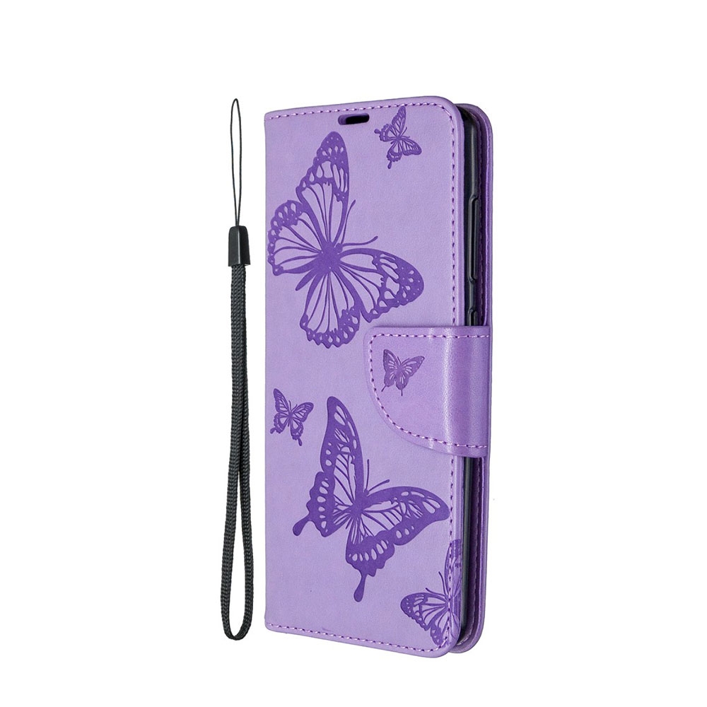 Image of Samsung Galaxy A41 Leder Tasche mit Kartenfach + Handschlaufe Schmetterling - Lila bei Apfelkiste.ch