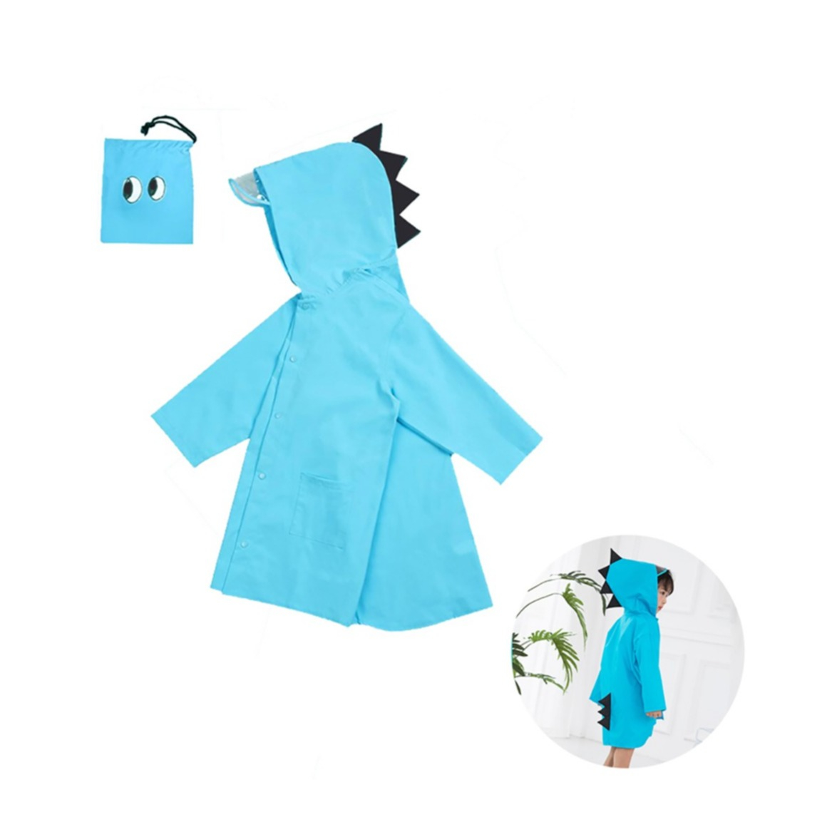 Image of (Gr. M) Kinder Regenjacke Dinosaurier Windmantel Poncho Regencape mit Kapuze + Tragetasche - Blau bei Apfelkiste.ch