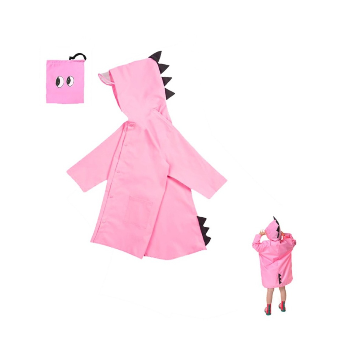 Image of (Gr. XL) Kinder Regenjacke Dinosaurier Windmantel Poncho Regencape mit Kapuze + Tragetasche - Pink bei Apfelkiste.ch