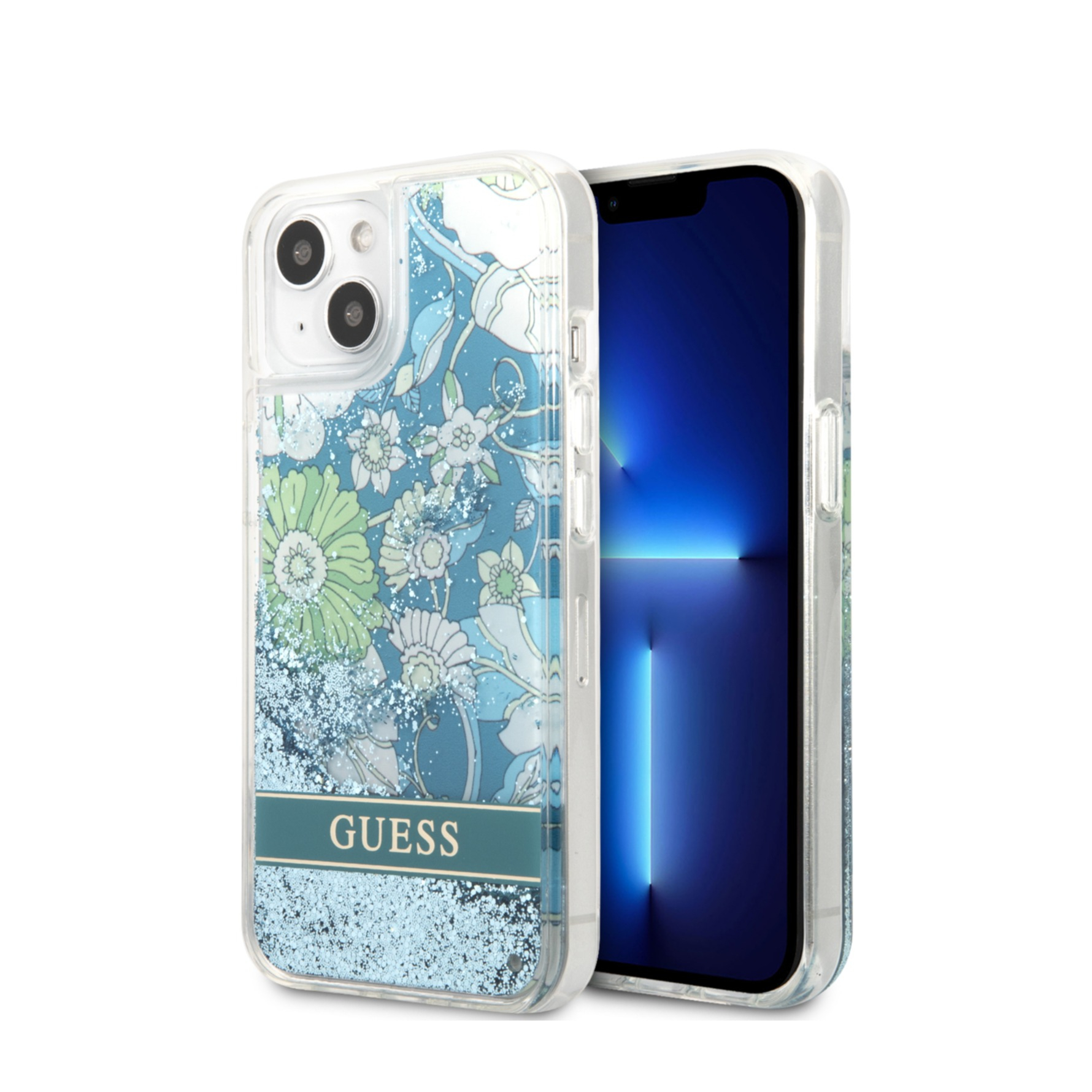 Image of Guess - iPhone 13 Hardcase Hülle Liquid Glitter Flower (GUHCP13MLFLSN) - Grün / Transparent bei Apfelkiste.ch