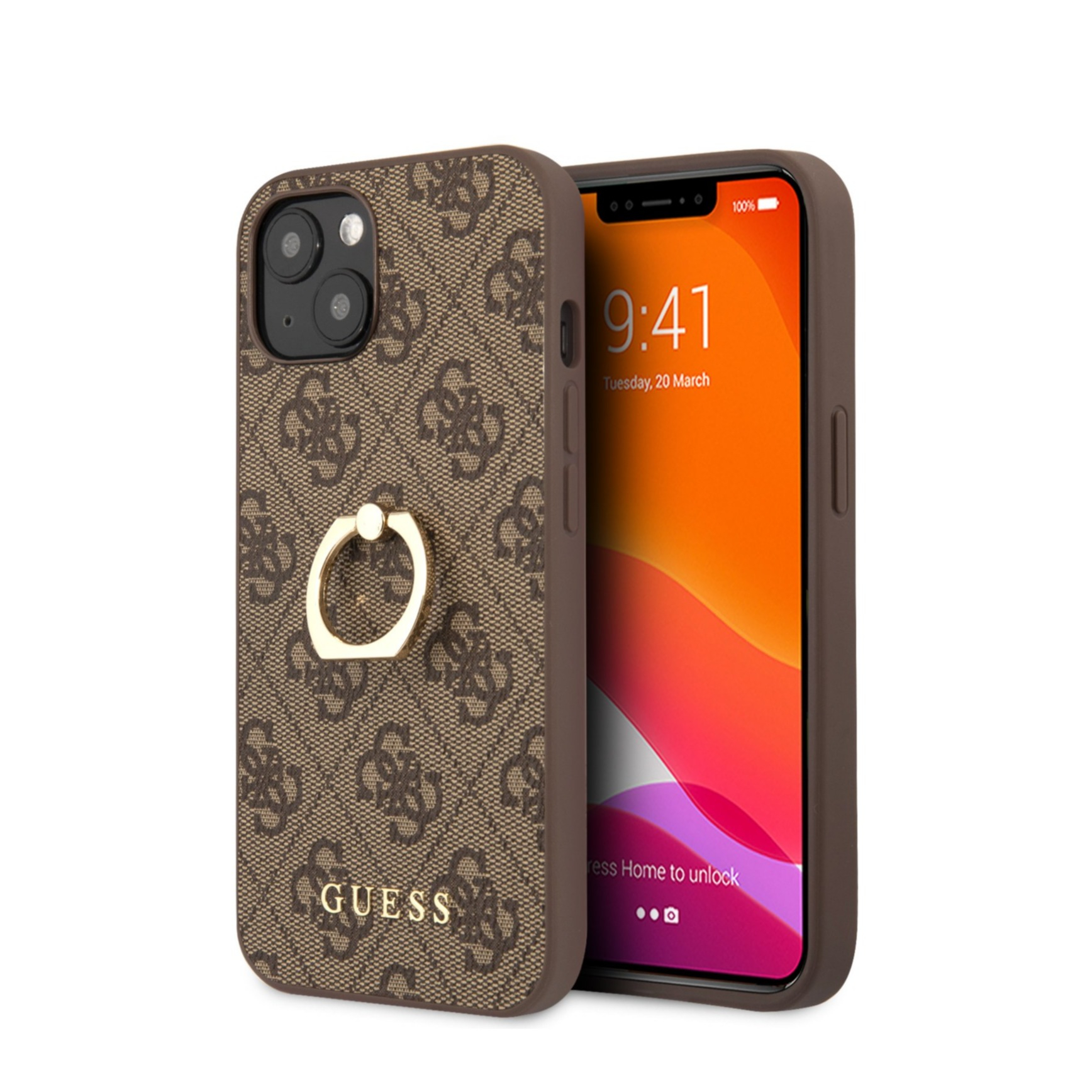 Image of Guess - iPhone 13 Leder Hardcase Hülle Ring (GUHCP13M4GMRBR) - Braun bei Apfelkiste.ch