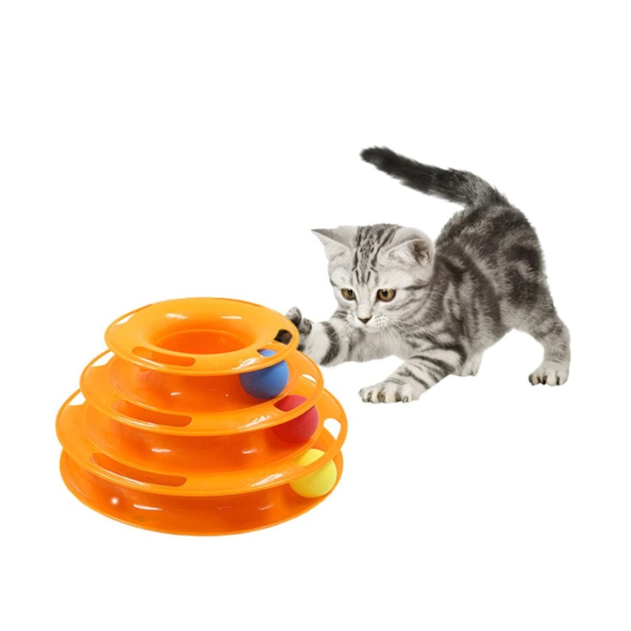 Image of Interaktives Katzen Spielzeug Kreisbahn Turm mit 3 Ebenen + Bällen - Orange bei Apfelkiste.ch