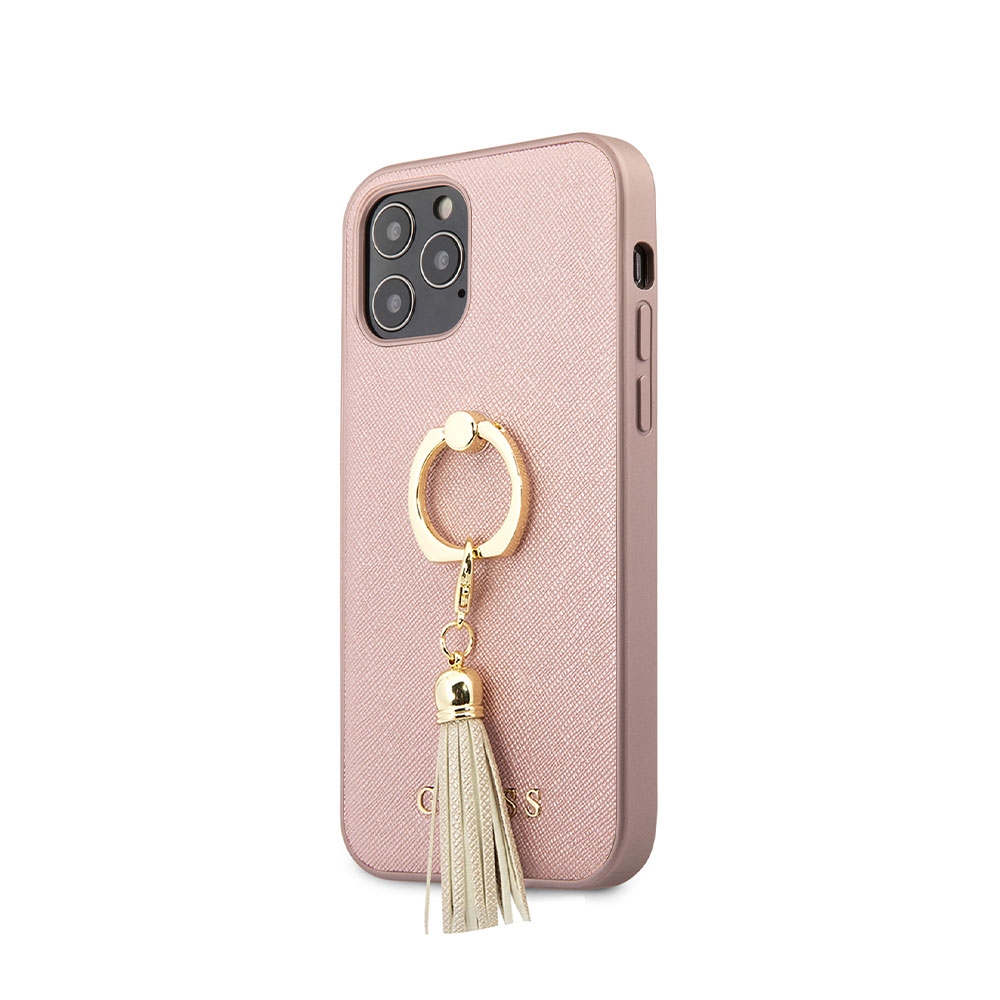 Image of Guess - iPhone 12 / iPhone 12 Pro Leder Saffiano Hardcase Hülle Ring Stand (GUHCP12MRSSARG) - Rosa bei Apfelkiste.ch