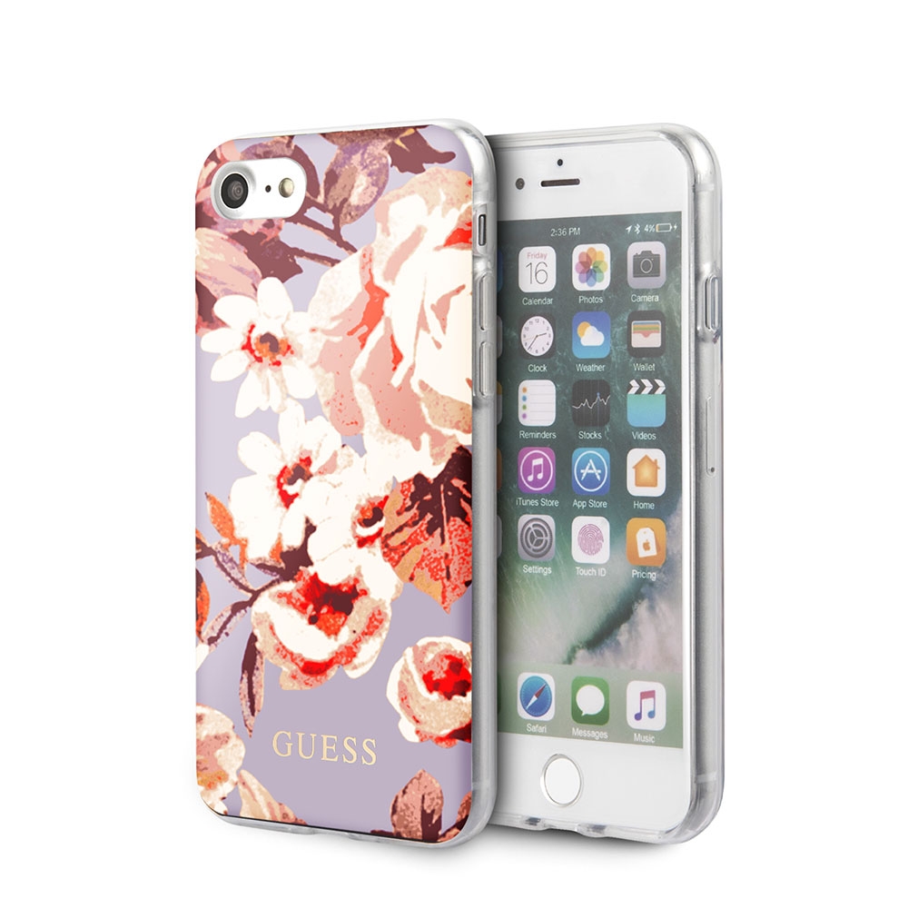 Image of Guess - iPhone SE (2022/2020) / 8 / 7 / 6S Hardcase Hülle Shiny Pattern Flower (GUHCI8PCUTRFL02) - Lila bei Apfelkiste.ch