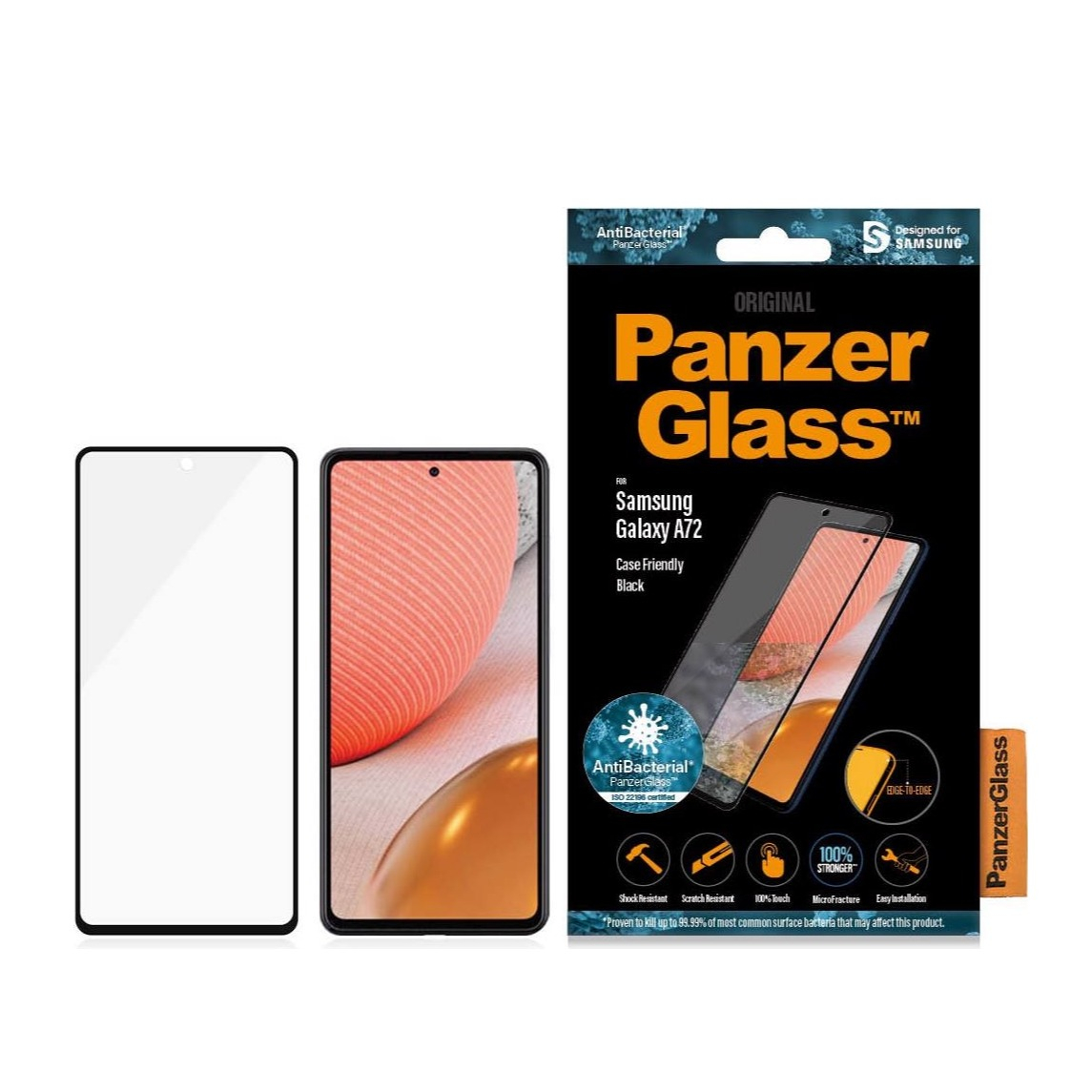 Image of PanzerGlass - Samsung Galaxy A72 / A72 5G Antibakterielle Panzer Glas Display Case Friendly mit Rahmen 0.3mm (7255) - Schwarz bei Apfelkiste.ch