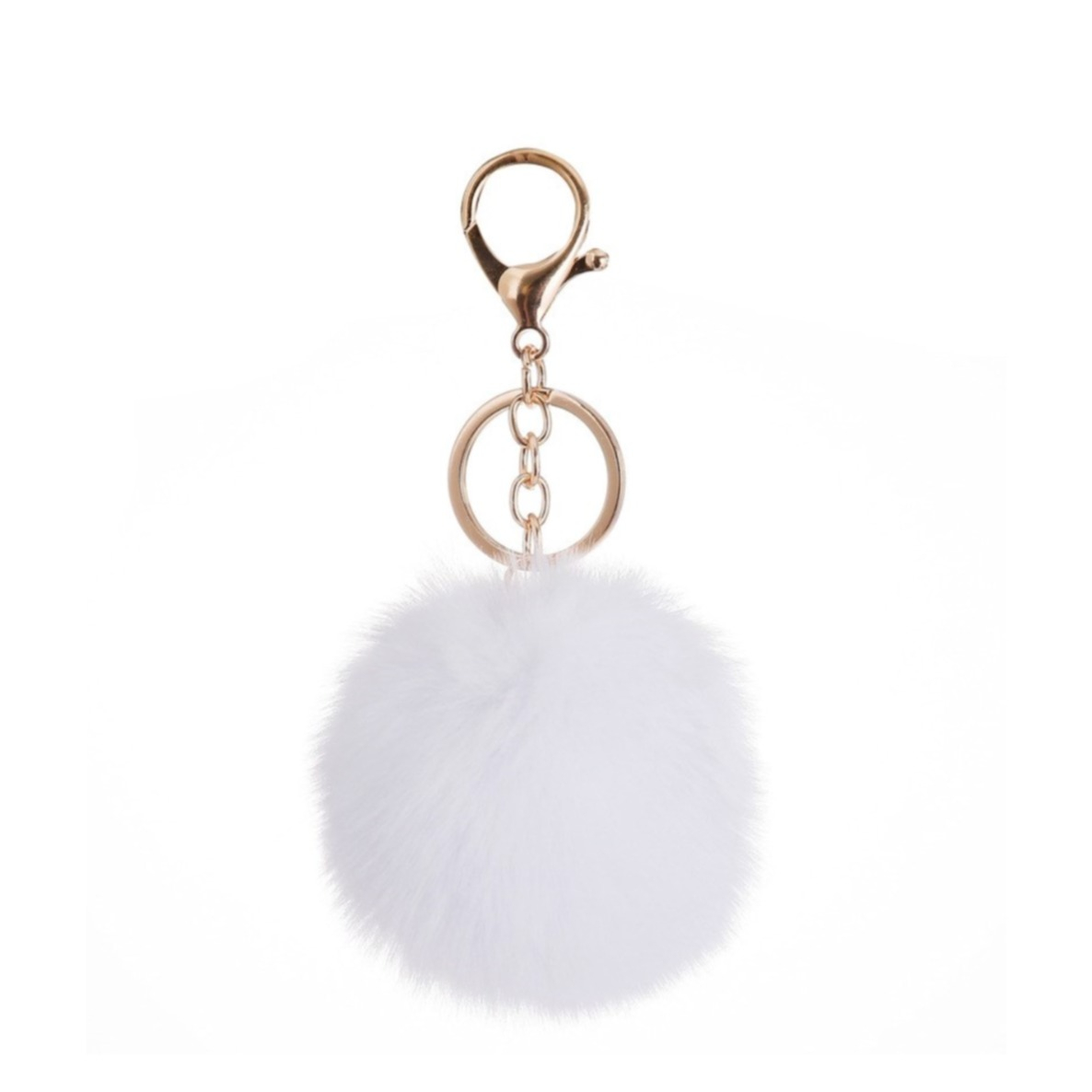 Image of Pompom Schlüsselanhänger Handtaschen Accessoire mit Spaltring + Trigger Verschluss - Weiss / Gold bei Apfelkiste.ch