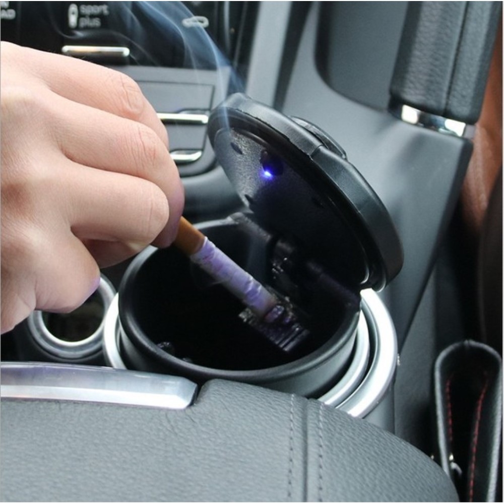 FMS Tragbare Auto Aschenbecher mit deckel und blauer LED Licht für  Getränkehalter oder lüftung (Schwarz)