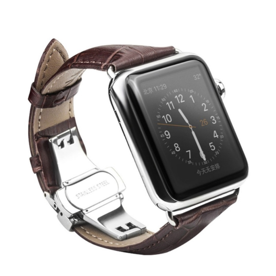 Image of Qialino - Apple Watch (45/44/42 mm) Ersatz Echtleder Armband im Kroko Look - Braun bei Apfelkiste.ch