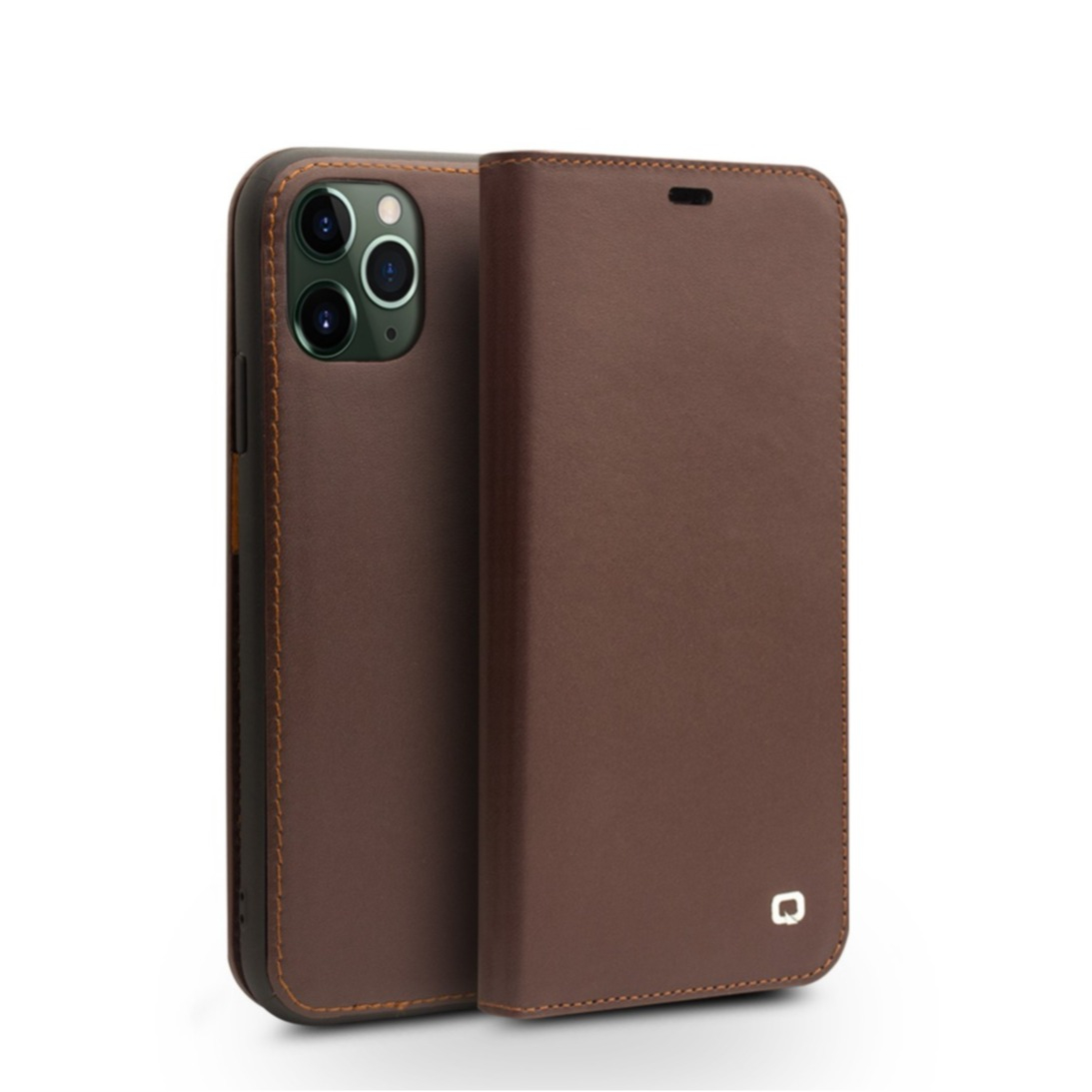 Image of Qialino - iPhone 11 Pro Echtleder Tasche Flip Cover mit Kartenfächer - Braun bei Apfelkiste.ch