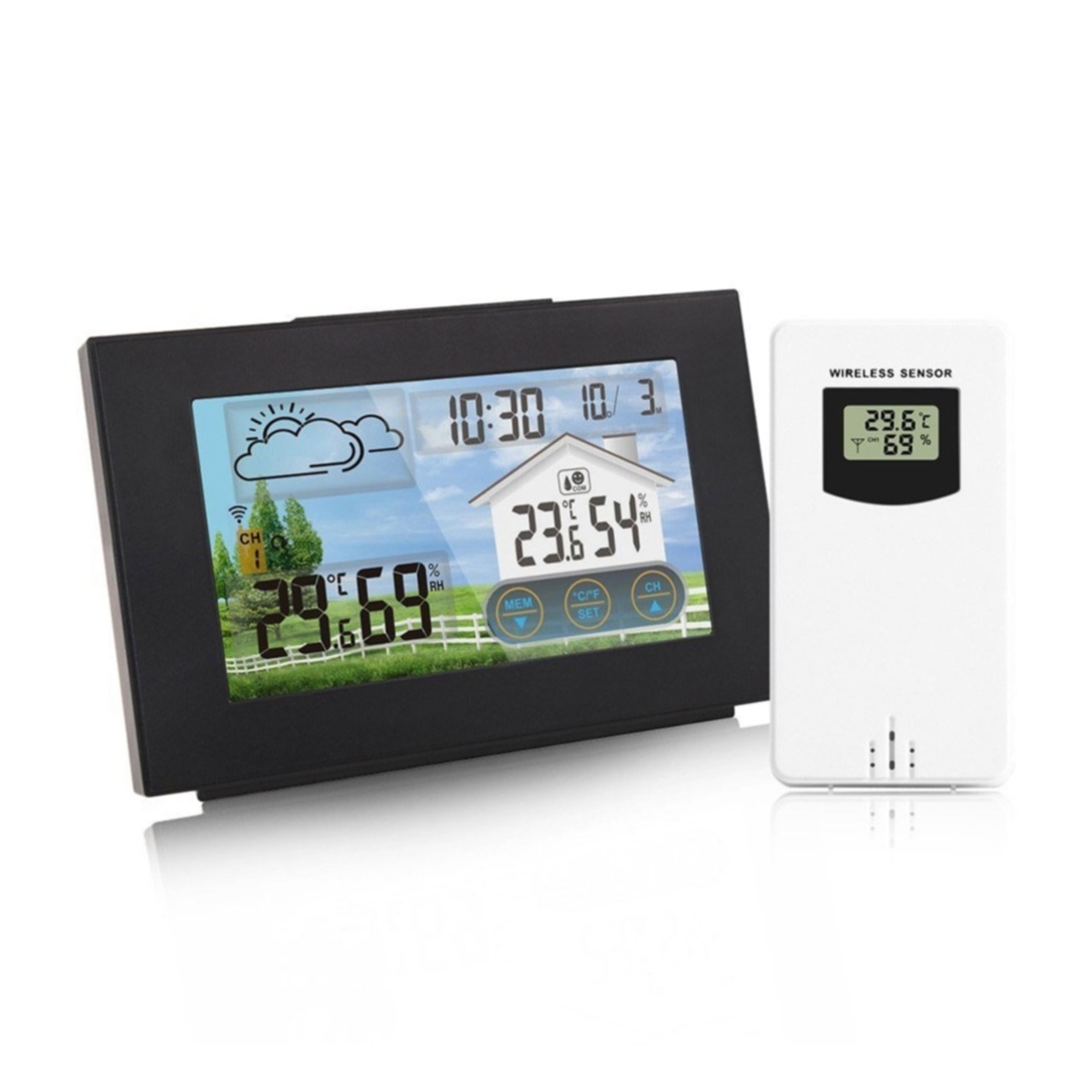 Image of Wireless Wetterstation Wecker Digital Thermometer Indoor / Outdoor Touchscreen + Aussensensor - Schwarz bei Apfelkiste.ch